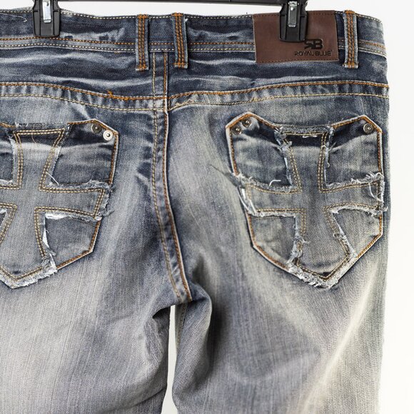 Royal Blue Men’s Jeans 36x30 Light Wash Distressed Denim - Picture 3 of 7